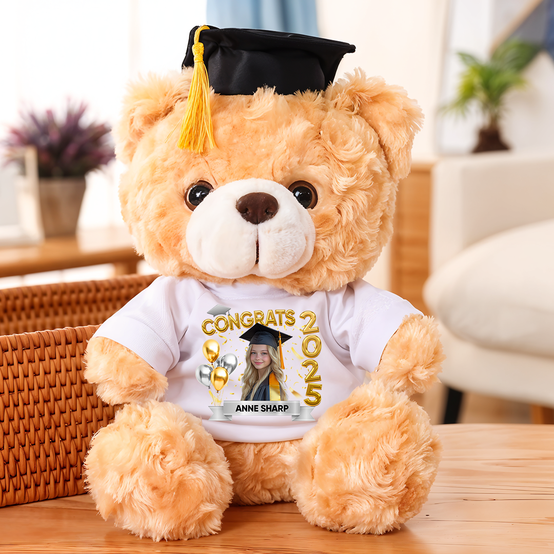 Bubble Style Class Of 2025 Graduate Bear With Cap - Teddy Bear With Personalized Shirt