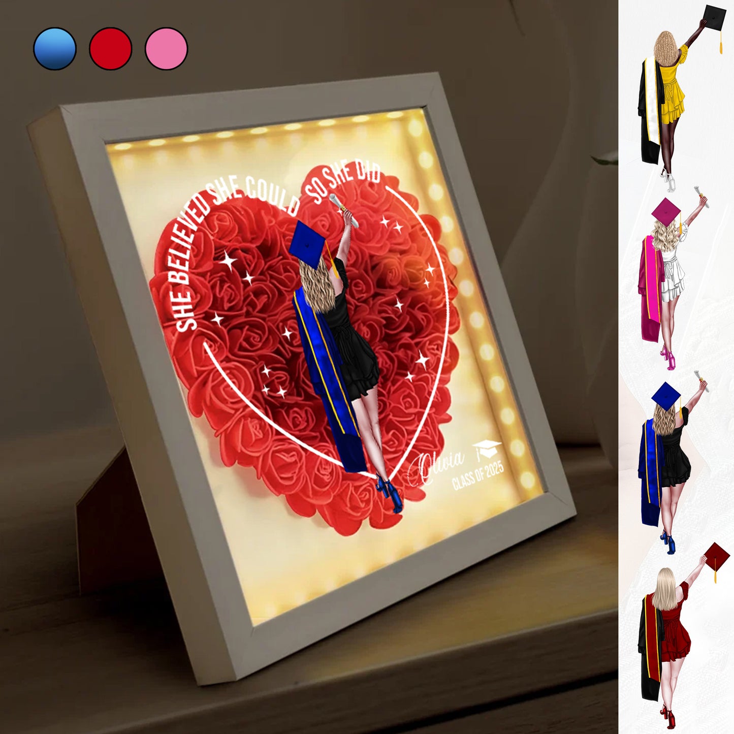 Graduation Class Of 2025 Heart Shaped Flower - She Believed She Could So She Did v2 - Personalized Flower Shadow Box