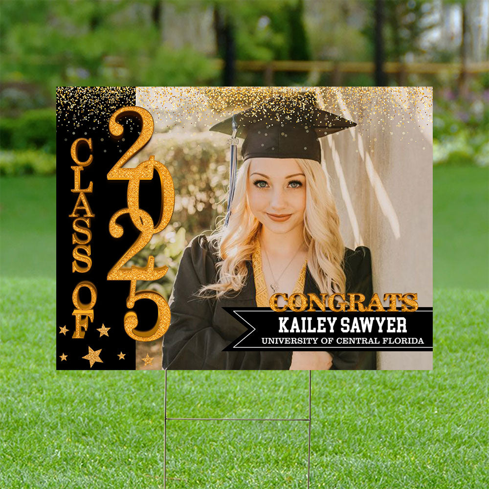 School Name Gold Class Of 2025, Graduation Gift - Personalized Graduation Lawn Sign With Stake