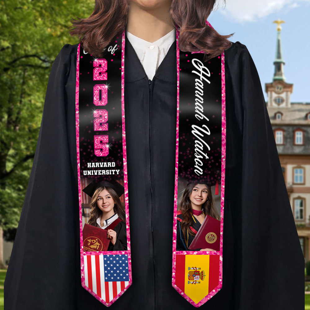 Class of 2025 Custom Flag Graduation Stoles with Photo - Graduation Gift