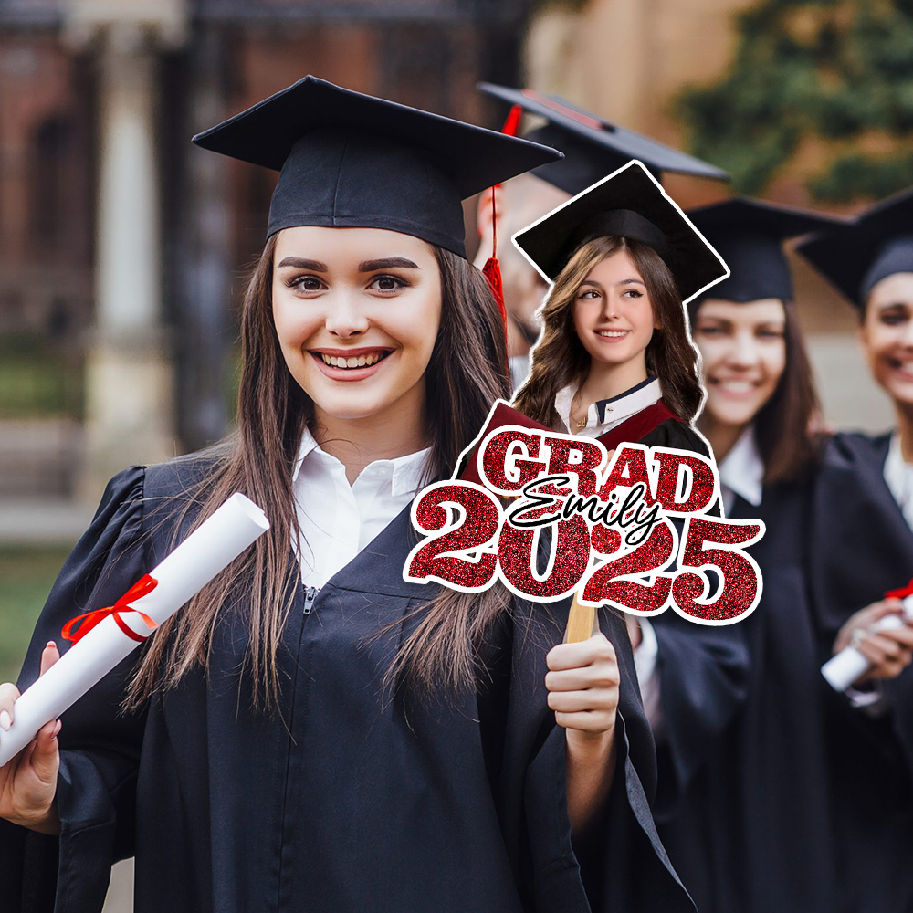 Glitter Graduation Face Fans With Wooden Handle - Fans Faces on a hold graduation - Fan Class Of 2025