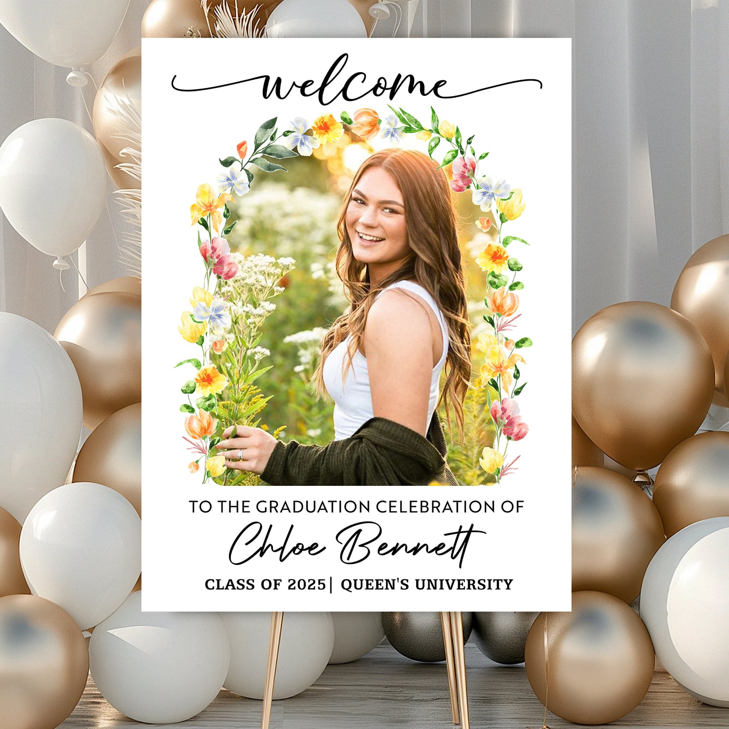 Custom Flower Welcome Sign - Custom Photo Grad Party Sign - Personalized Graduation Decoration