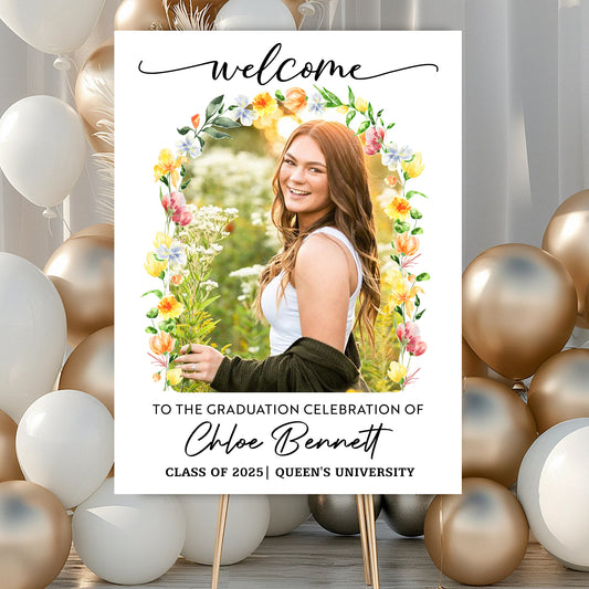 Custom Flower Welcome Sign - Custom Photo Grad Party Sign - Personalized Graduation Decoration