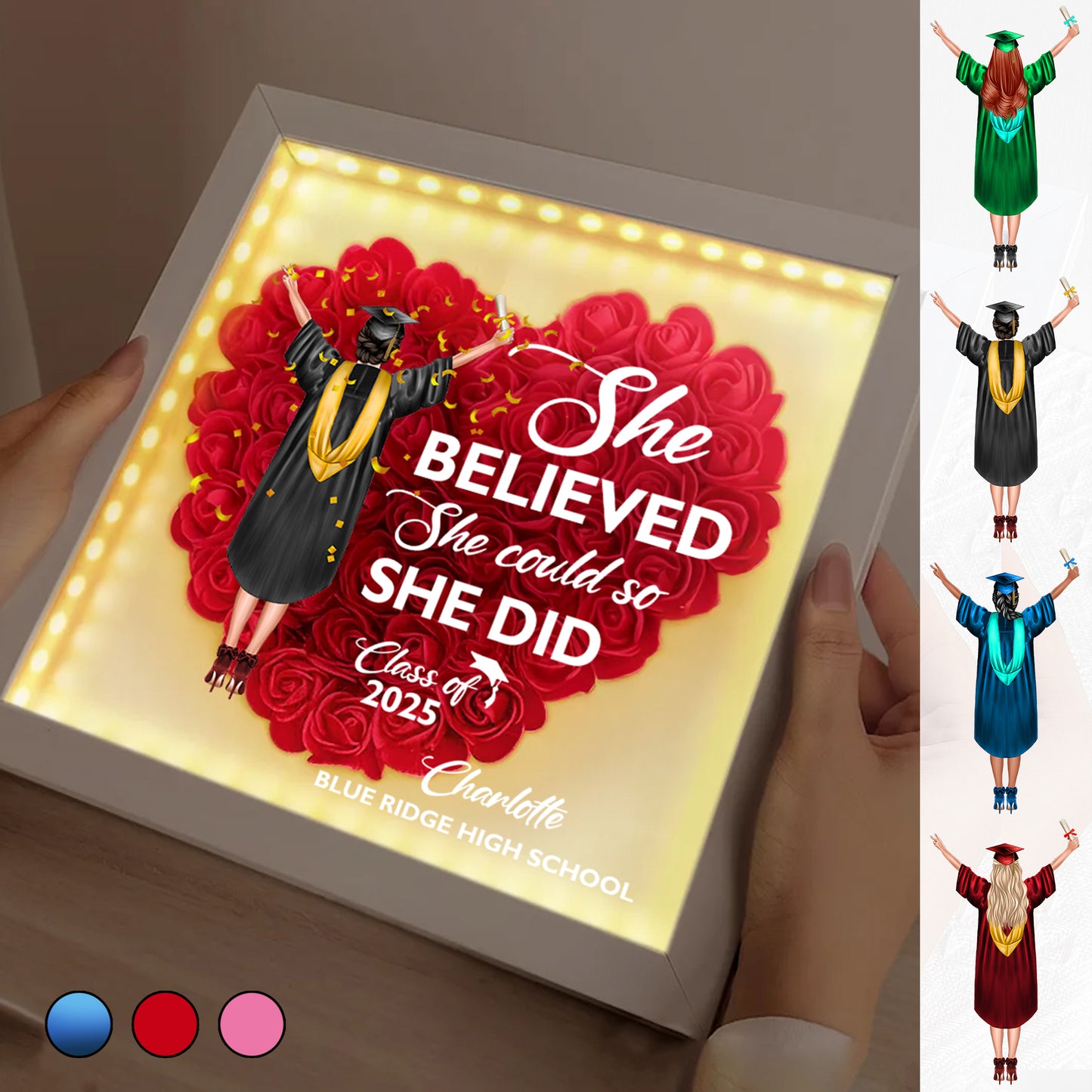 Graduation Class Of 2025 Heart Shaped Flower - She Believed She Could So She Did - Personalized Flower Shadow Box