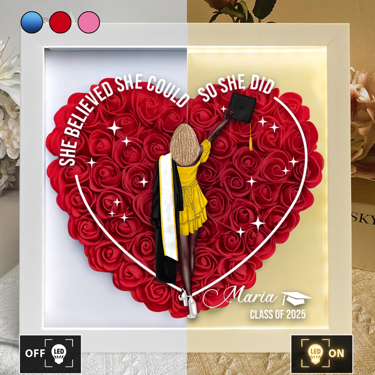 Graduation Class Of 2025 Heart Shaped Flower - She Believed She Could So She Did v2 - Personalized Flower Shadow Box