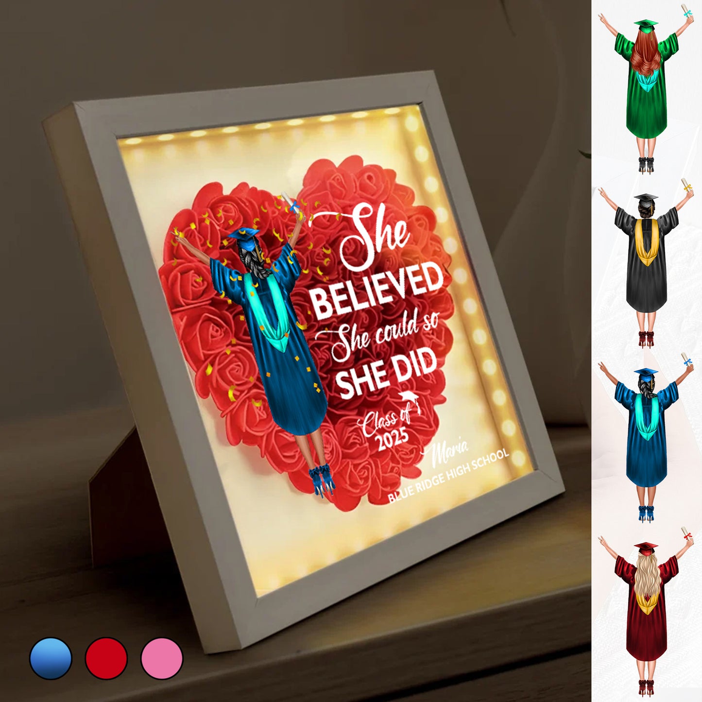 Graduation Class Of 2025 Heart Shaped Flower - She Believed She Could So She Did - Personalized Flower Shadow Box