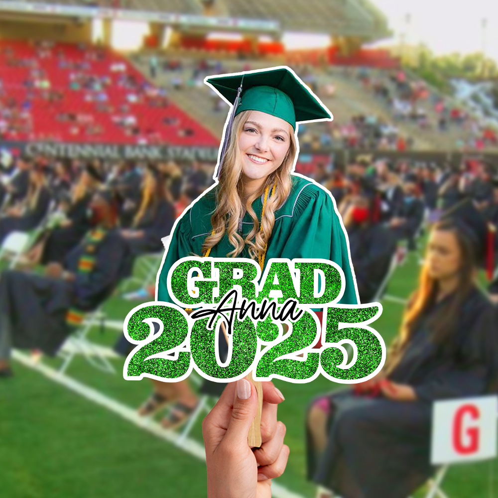 Glitter Graduation Face Fans With Wooden Handle - Fans Faces on a hold graduation - Fan Class Of 2025