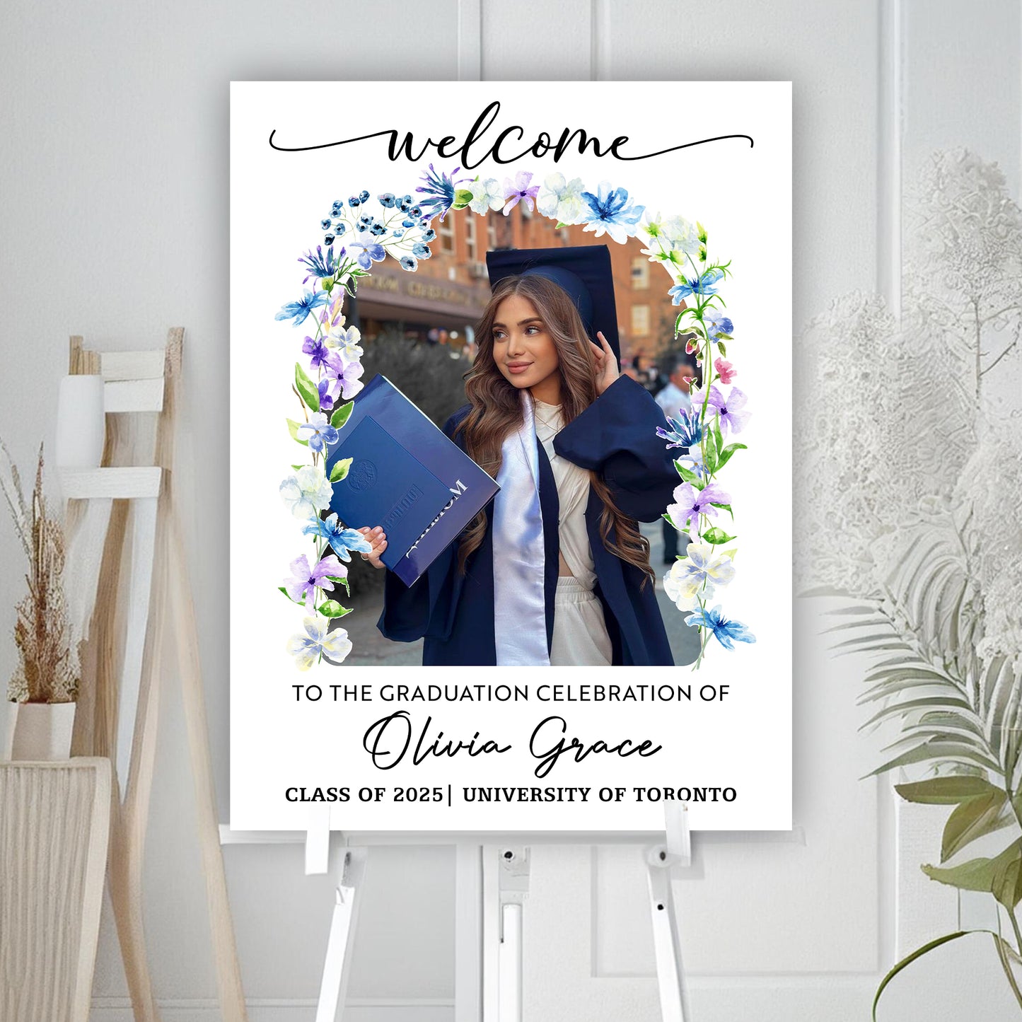 Custom Flower Welcome Sign - Custom Photo Grad Party Sign - Personalized Graduation Decoration