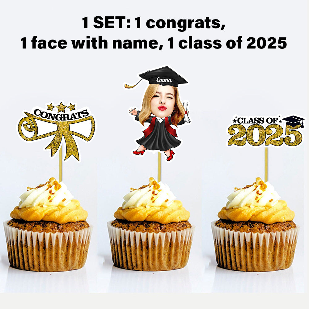 Custom Face Class of 2025 Cupcake Toppers, Graduation Decorations - Cake Topper Only Paper