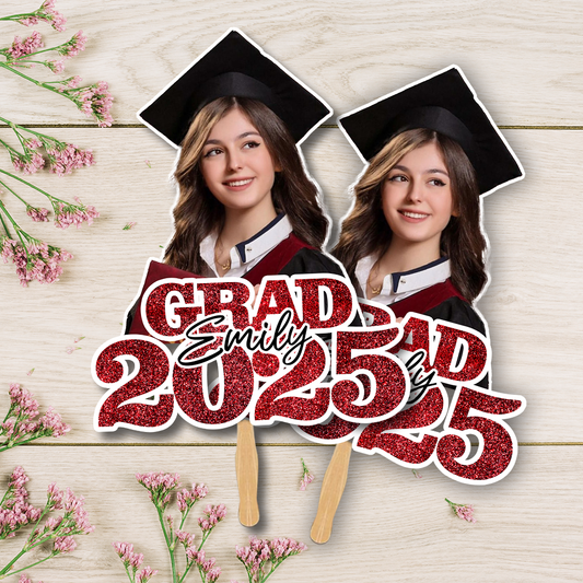 Glitter Graduation Face Fans With Wooden Handle - Fans Faces on a hold graduation - Fan Class Of 2025