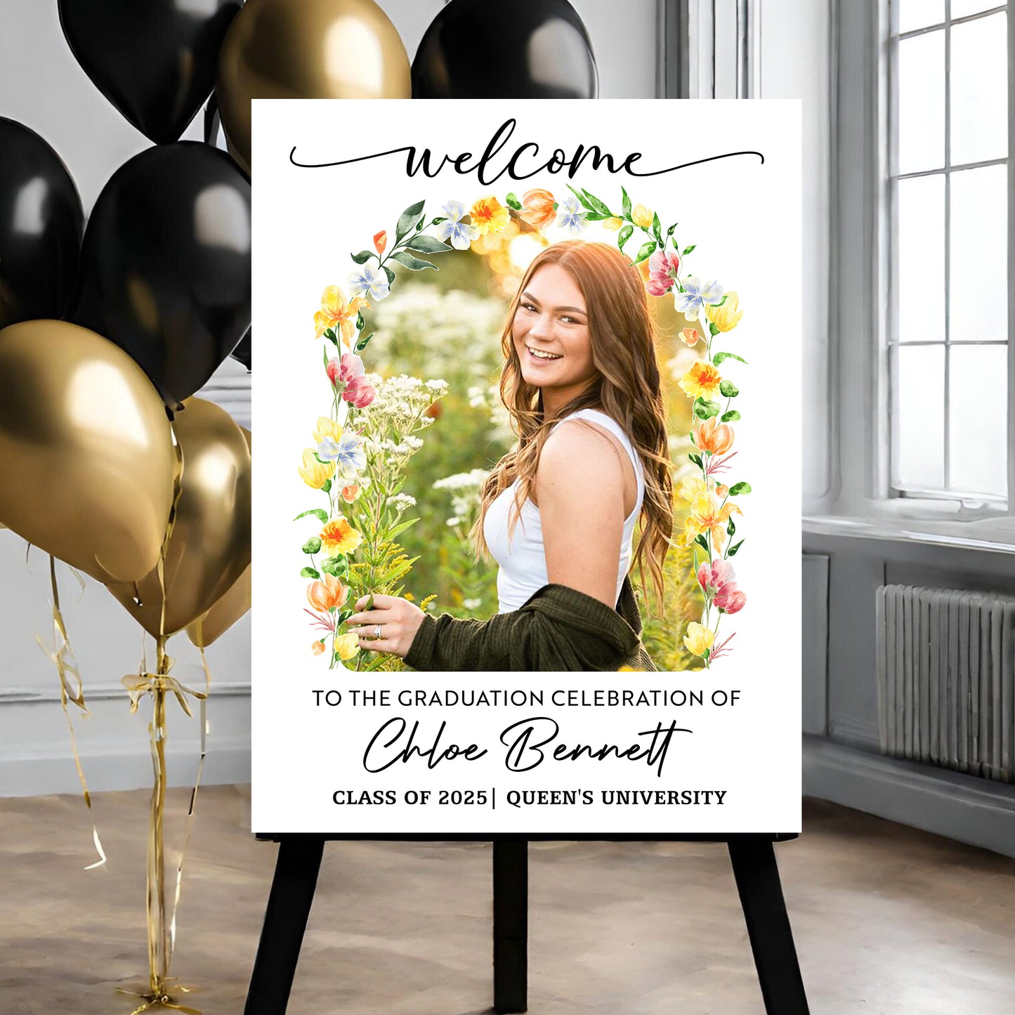 Custom Flower Welcome Sign - Custom Photo Grad Party Sign - Personalized Graduation Decoration