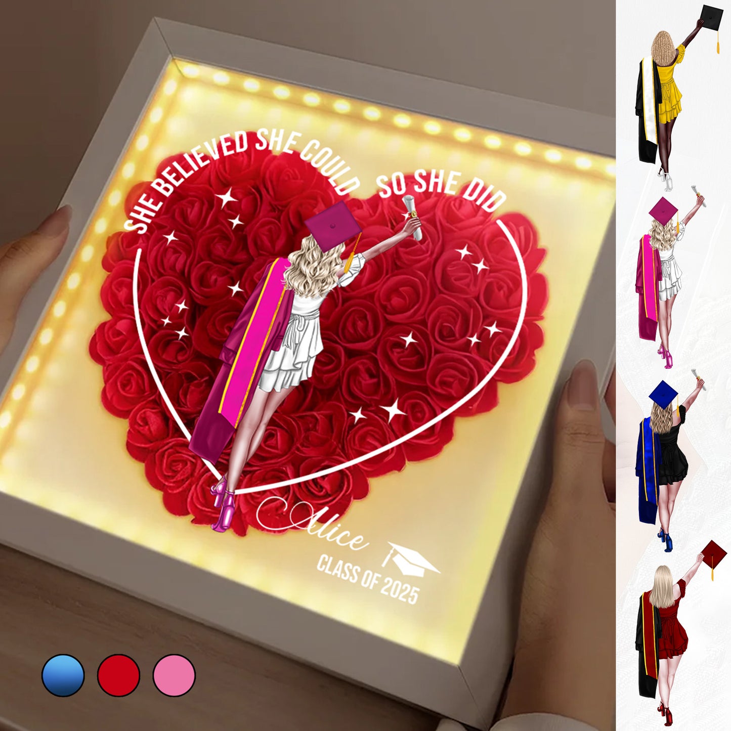 Graduation Class Of 2025 Heart Shaped Flower - She Believed She Could So She Did v2 - Personalized Flower Shadow Box
