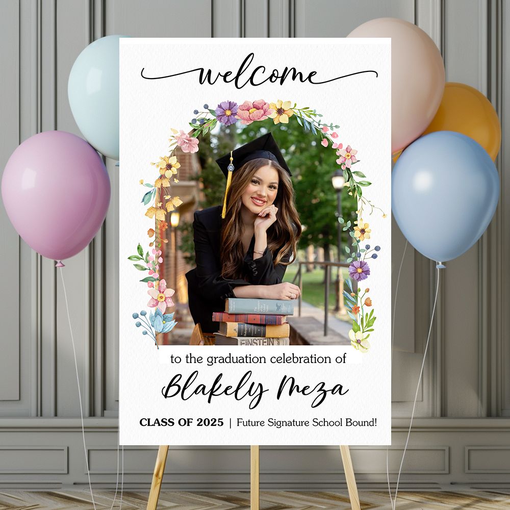 Graduation Party Flower Welcome Sign - Custom Photo Grad Party Sign - Personalized Graduation Decoration