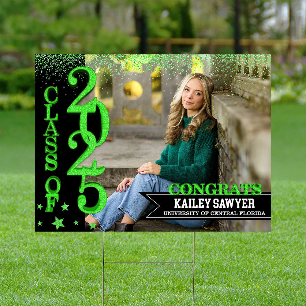 School Name Gold Class Of 2025, Graduation Gift - Personalized Graduation Lawn Sign With Stake
