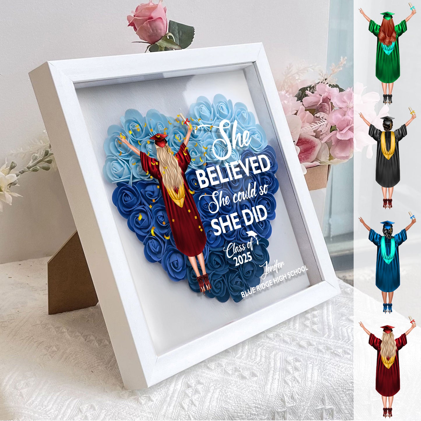 Graduation Class Of 2025 Heart Shaped Flower - She Believed She Could So She Did - Personalized Flower Shadow Box