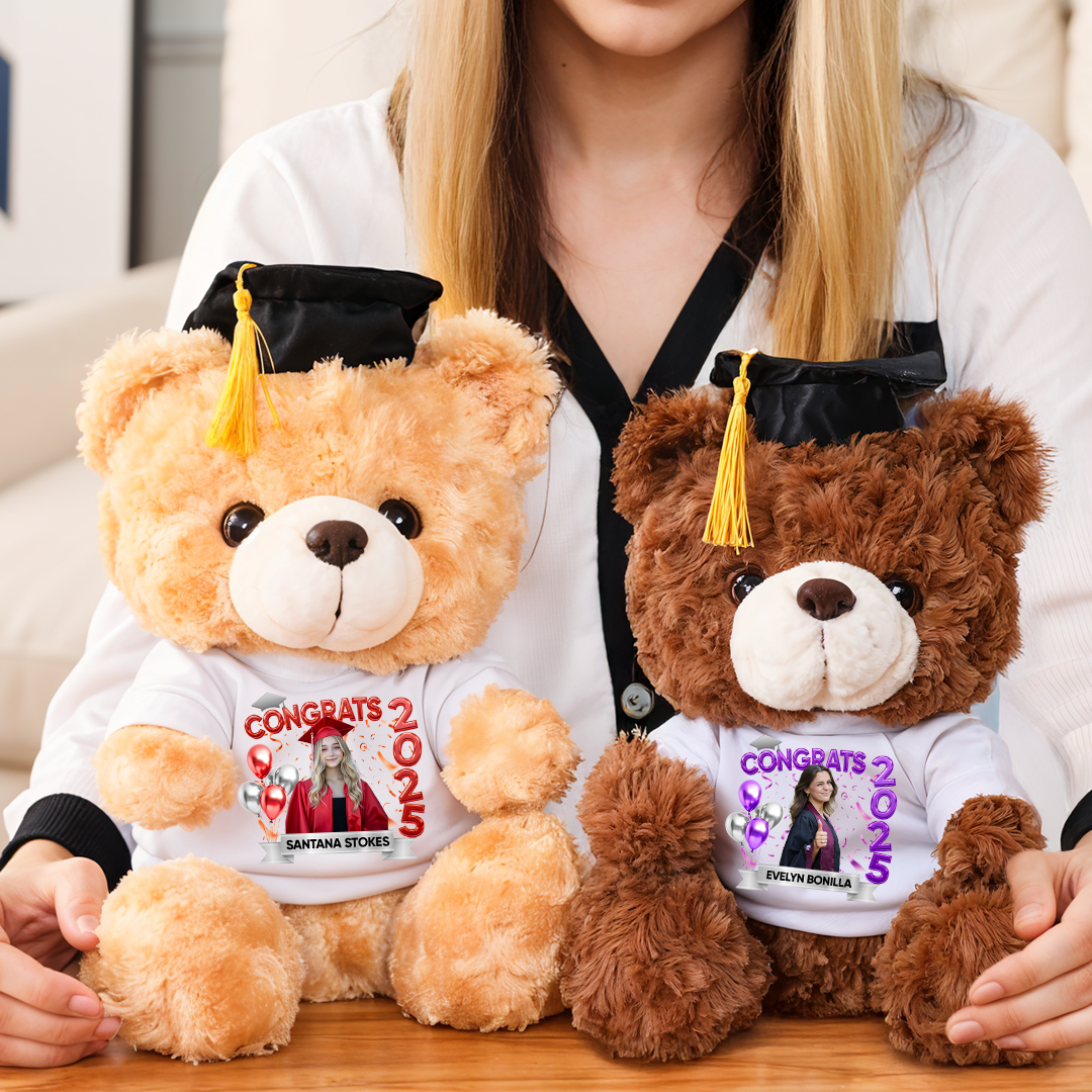 Bubble Style Class Of 2025 Graduate Bear With Cap - Teddy Bear With Personalized Shirt