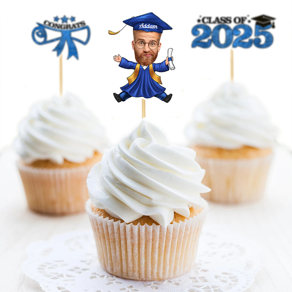 Custom Face Class of 2025 Cupcake Toppers, Graduation Decorations - Cake Topper Only Paper