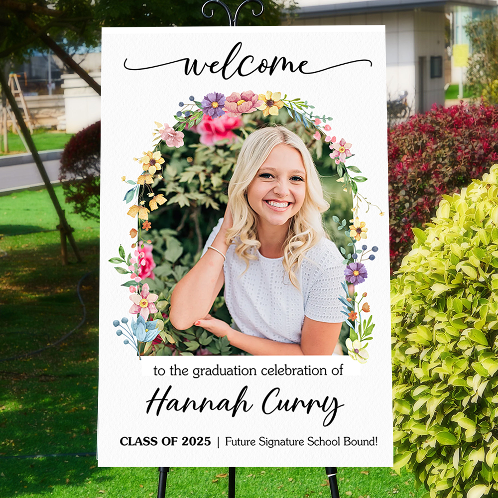 Graduation Party Flower Welcome Sign - Custom Photo Grad Party Sign - Personalized Graduation Decoration
