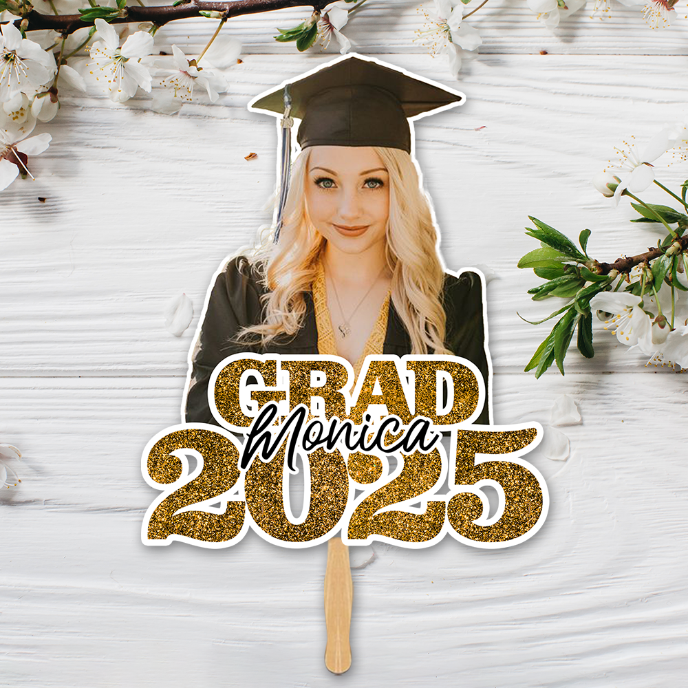 Glitter Graduation Face Fans With Wooden Handle - Fans Faces on a hold graduation - Fan Class Of 2025