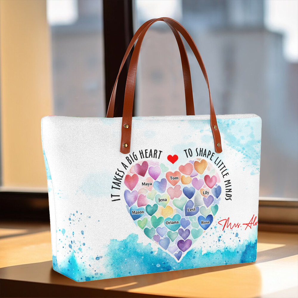 It Takes A Big Heart To Shape Little Minds - All-Over-Print Leather Tote Bag - Personalized Leather Tote Bag for Teacher