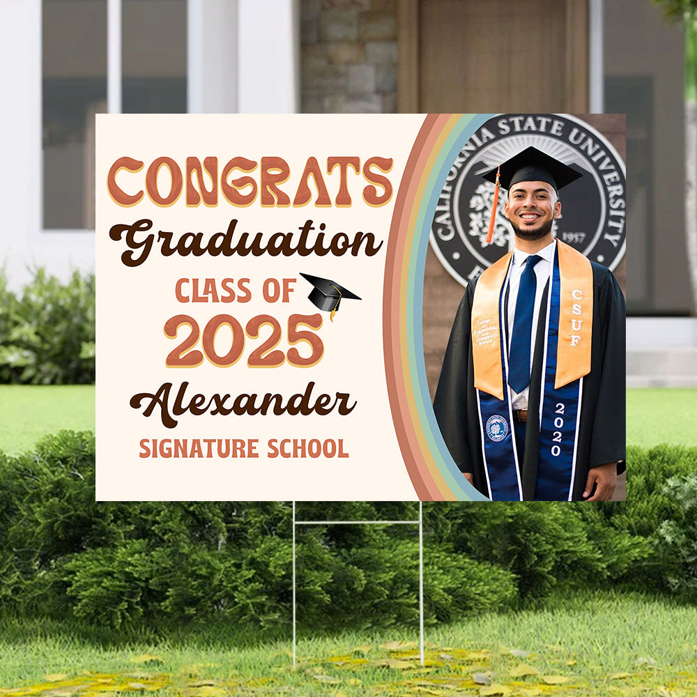 Retro Style 2025 Lawn Sign, Graduation Gift - Personalized Graduation Lawn Sign With Stake