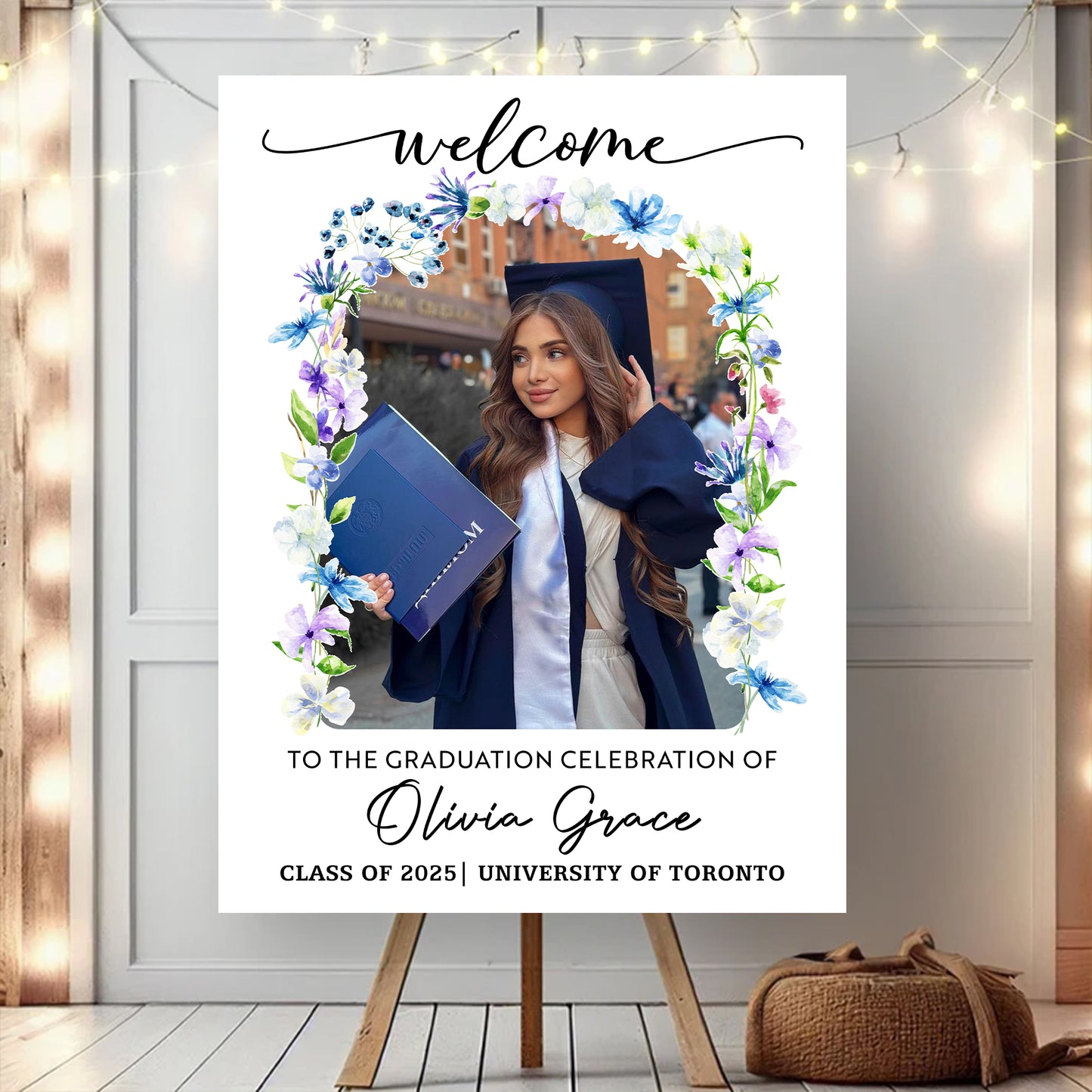 Custom Flower Welcome Sign - Custom Photo Grad Party Sign - Personalized Graduation Decoration