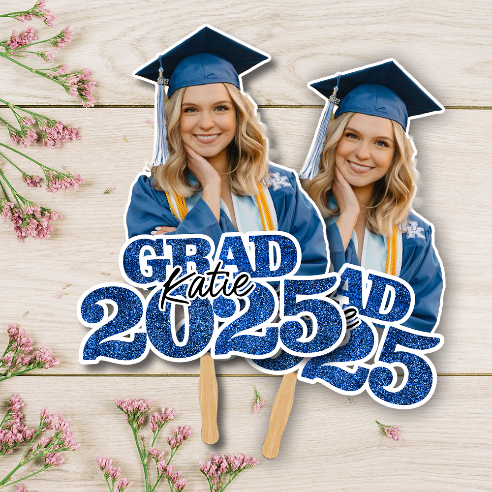 Glitter Graduation Face Fans With Wooden Handle - Fans Faces on a hold graduation - Fan Class Of 2025