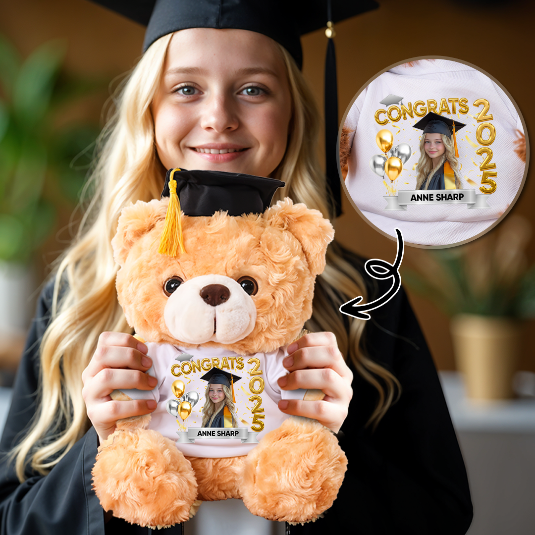 Bubble Style Class Of 2025 Graduate Bear With Cap - Teddy Bear With Personalized Shirt