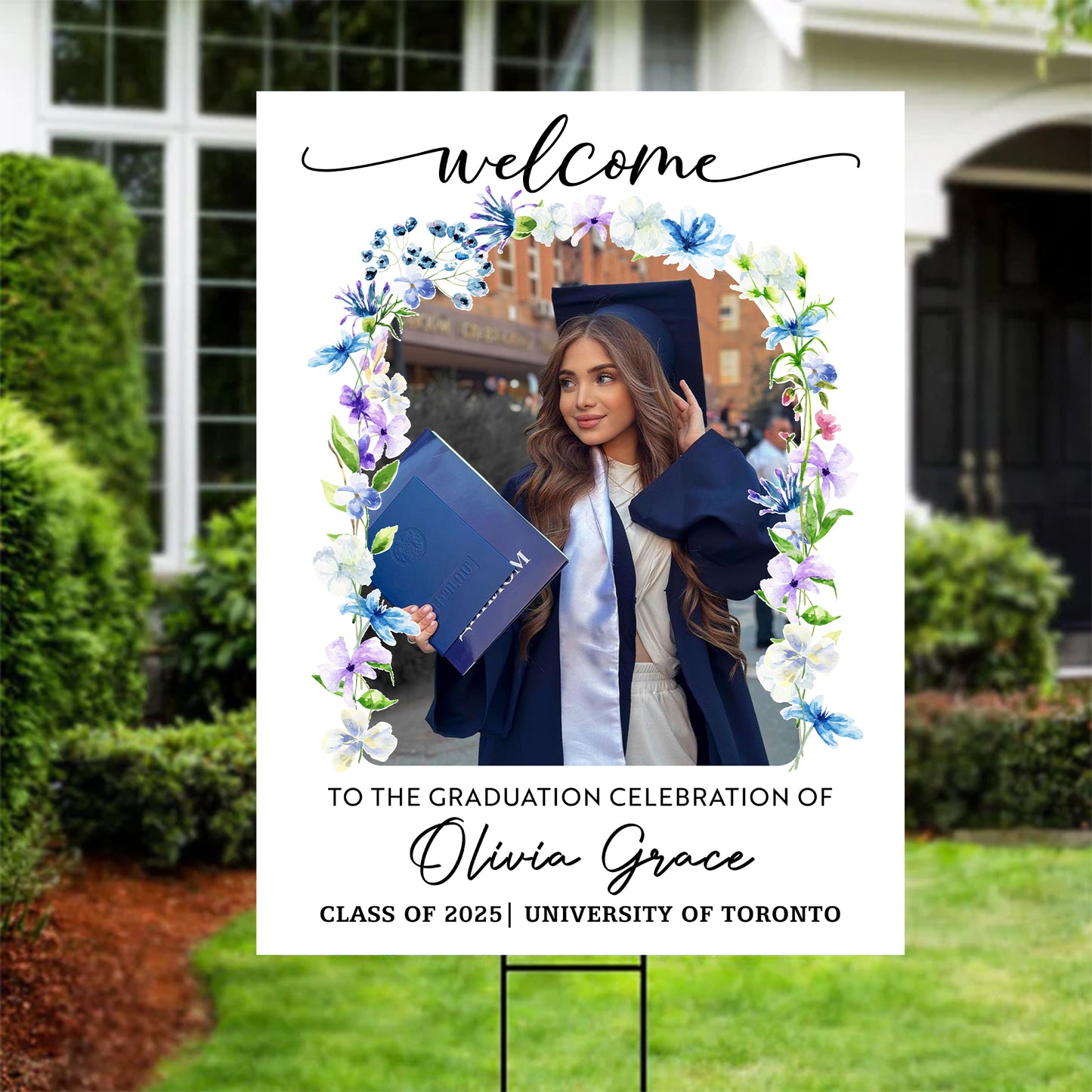 Custom Flower Welcome Sign - Custom Photo Grad Party Sign - Personalized Graduation Decoration