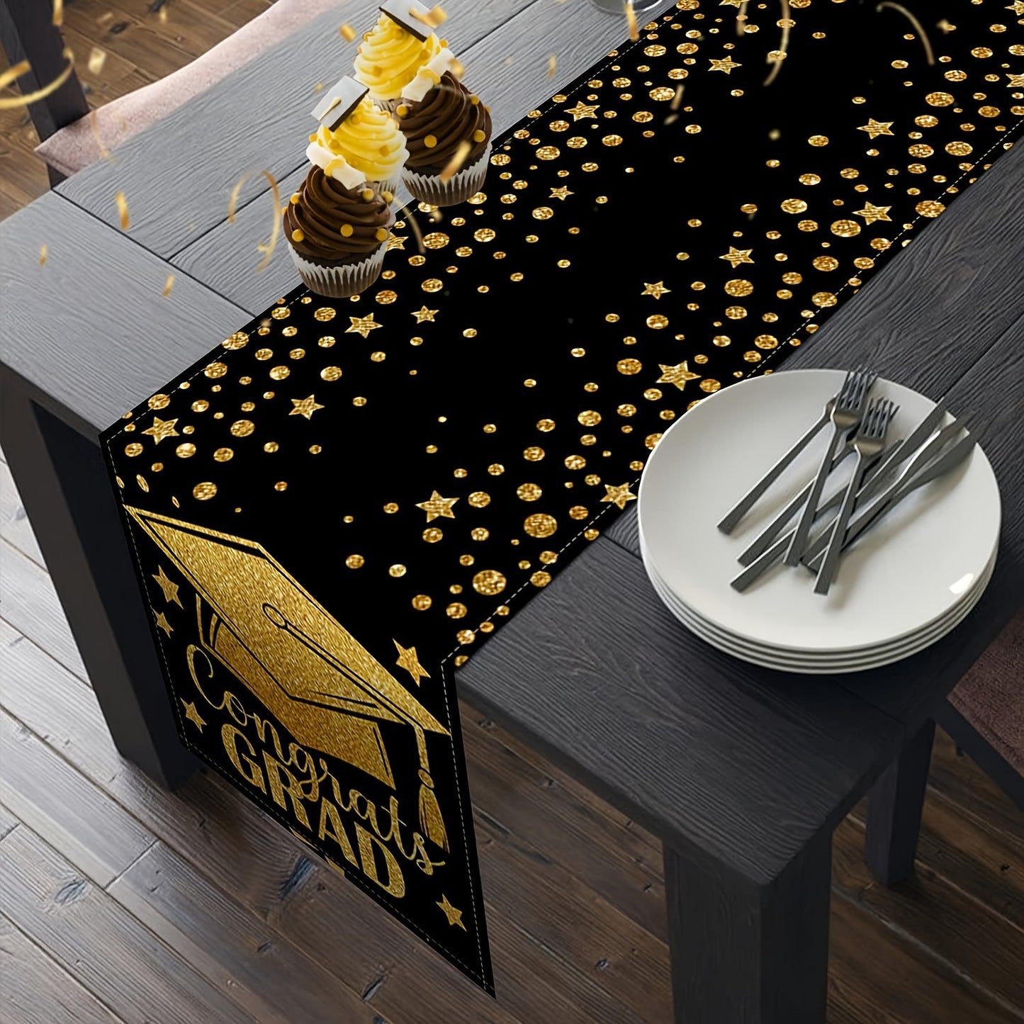 Graduation Black and Gold Star Tablecloth Dining Table Runner Home Decoration