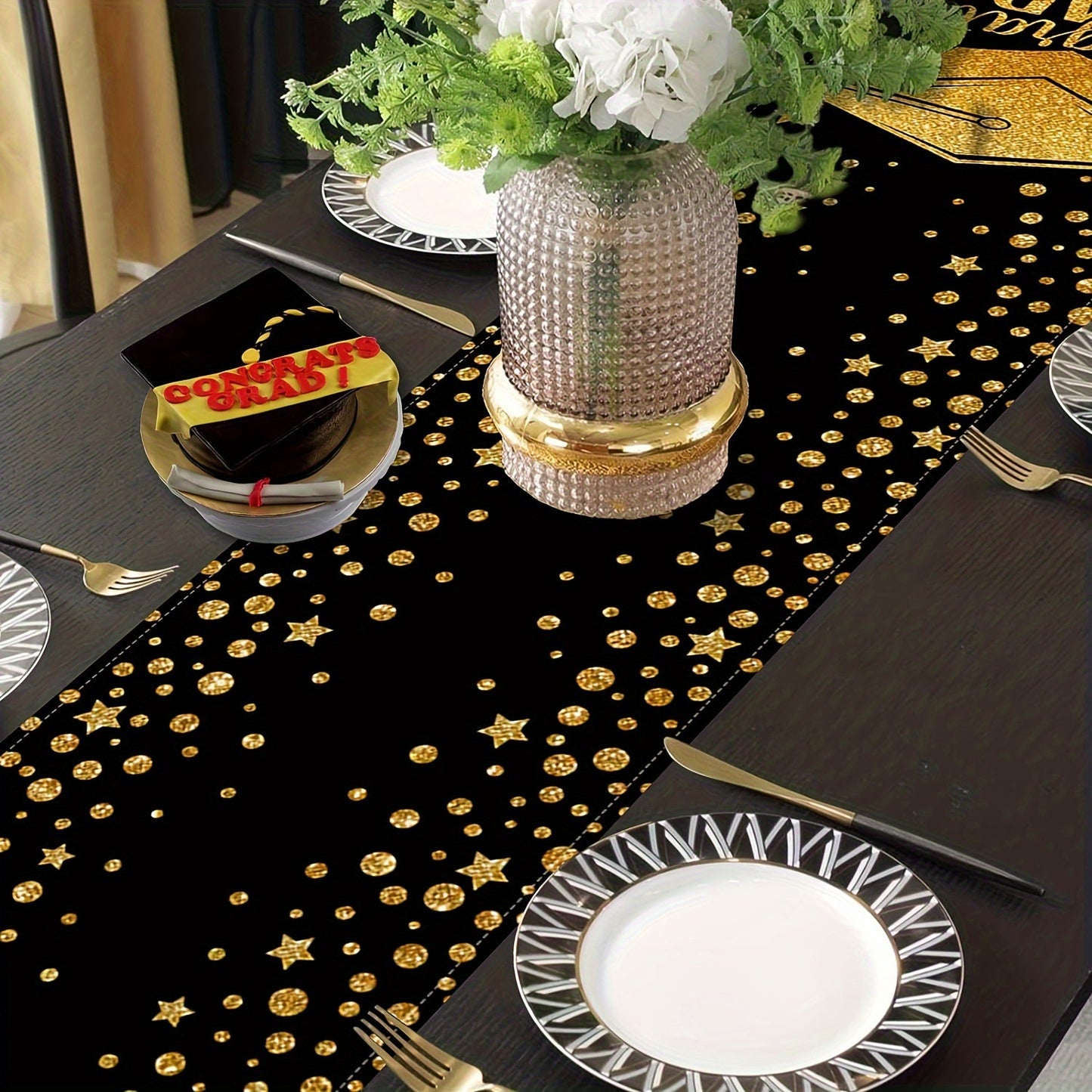 Graduation Black and Gold Star Tablecloth Dining Table Runner Home Decoration