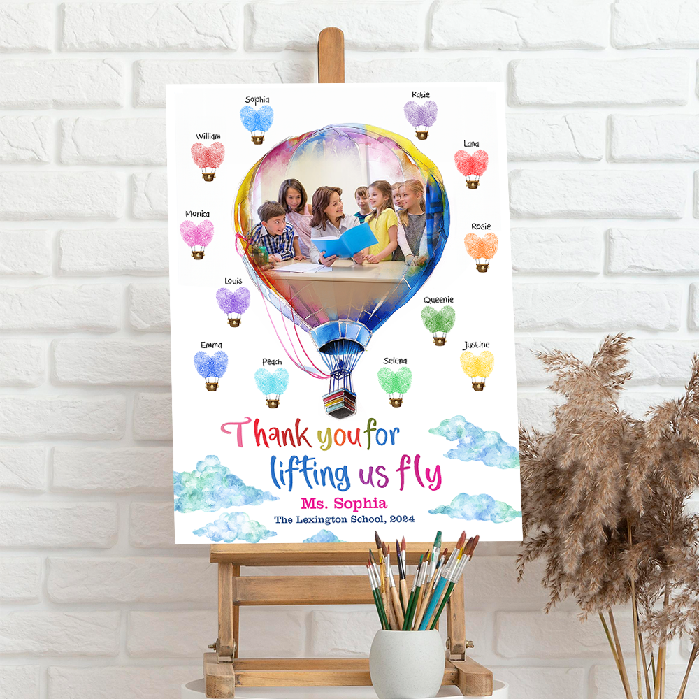 Personalized Fingerprint Art Hot Air Balloon Teacher Appreciation Welcome Sign - Custom Teacher and Up to 25 Kids Names - Balloon Teacher Canvas