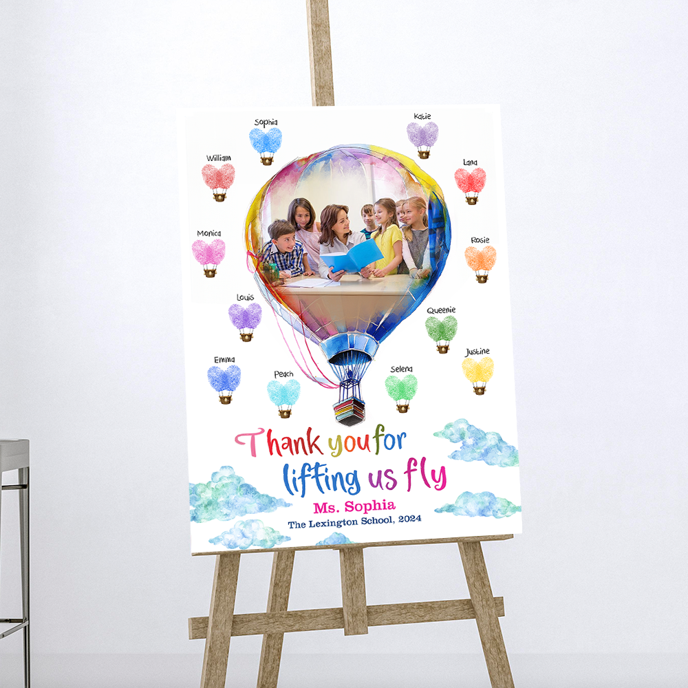 Personalized Fingerprint Art Hot Air Balloon Teacher Appreciation Welcome Sign - Custom Teacher and Up to 25 Kids Names - Balloon Teacher Canvas
