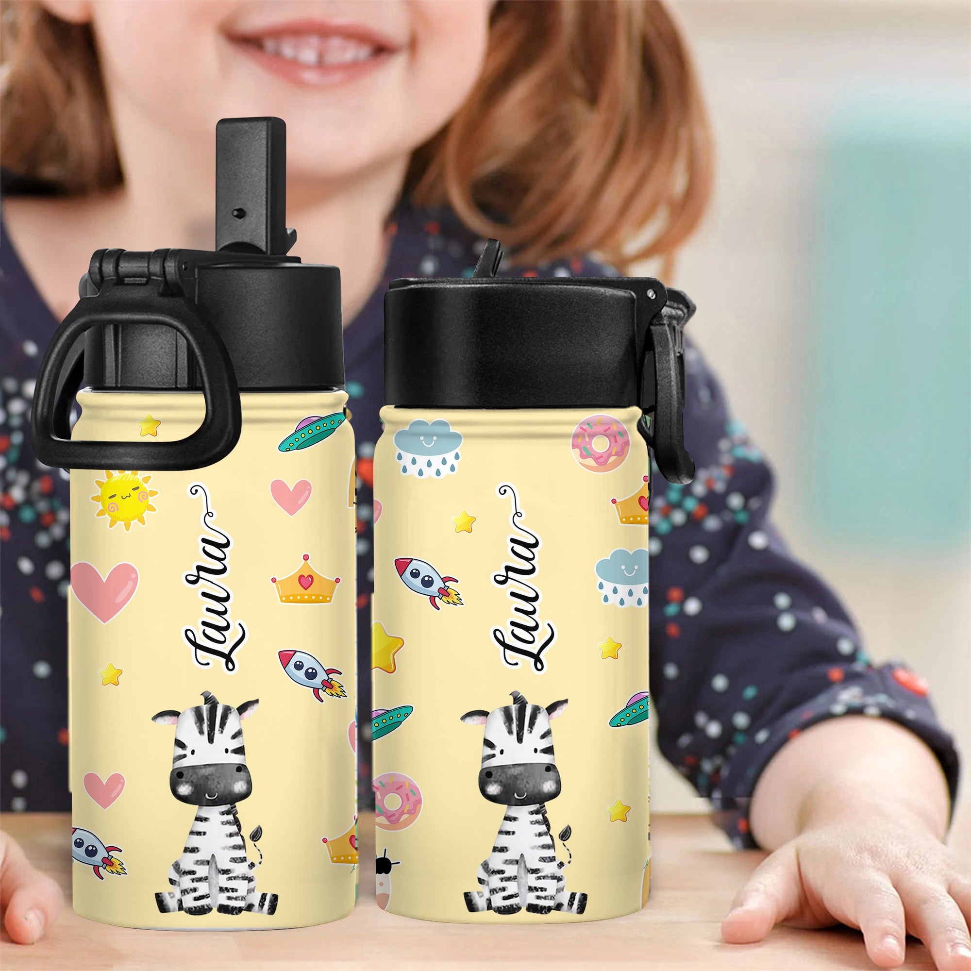 Personalized Water Bottle Kids Cups with Name - Back to School Water Bottle With Straw Lid - 12 oz Stainless Steel