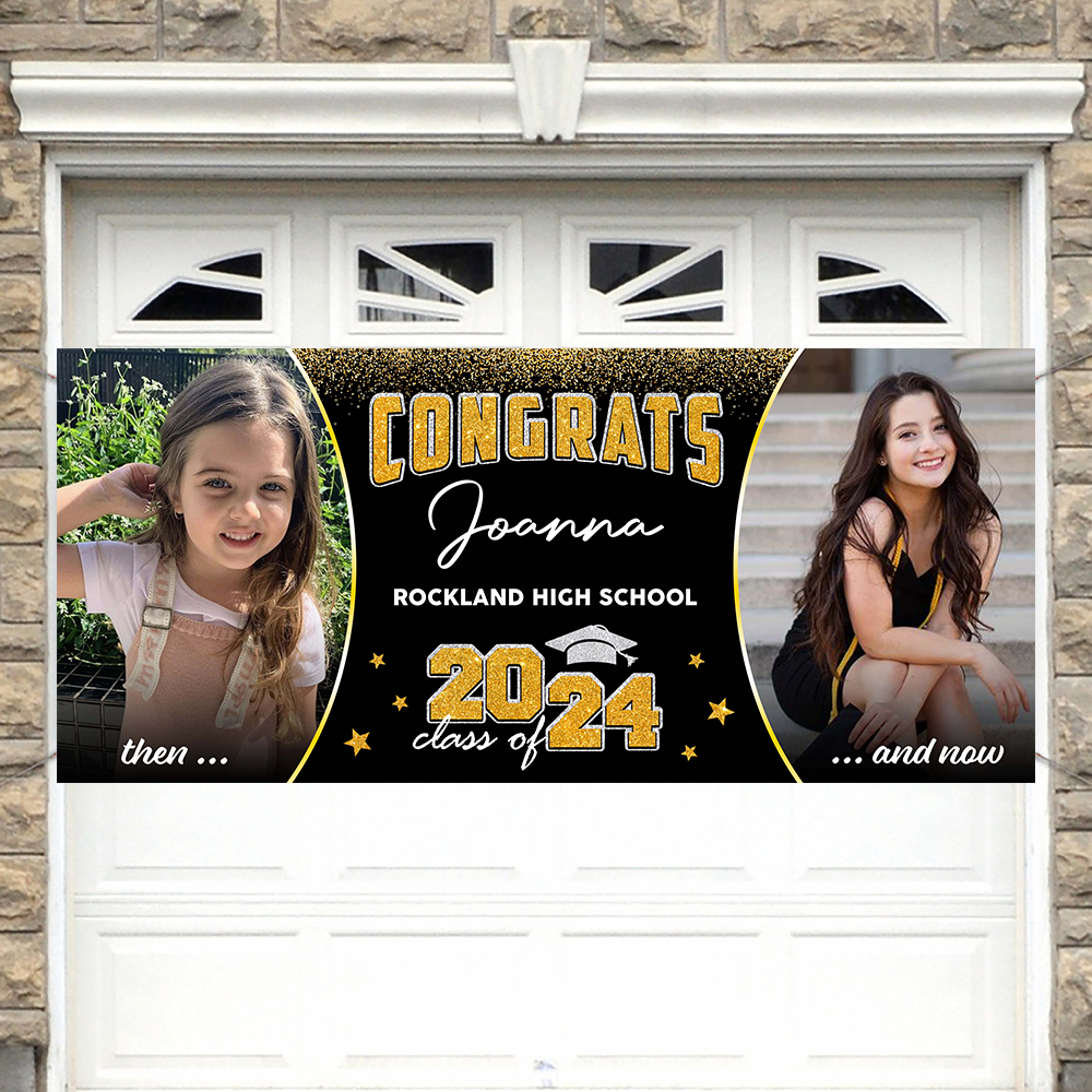 GIitter Styles Then and Now Graduation Photo 2024 - Garage Door Banner Decorations - Garage Door Cover Decor - Congratulations Background Hanging Sign
