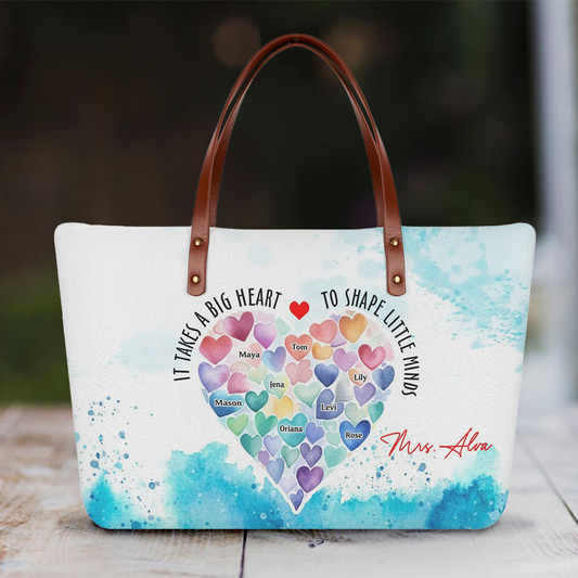 It Takes A Big Heart To Shape Little Minds - All-Over-Print Leather Tote Bag - Personalized Leather Tote Bag for Teacher