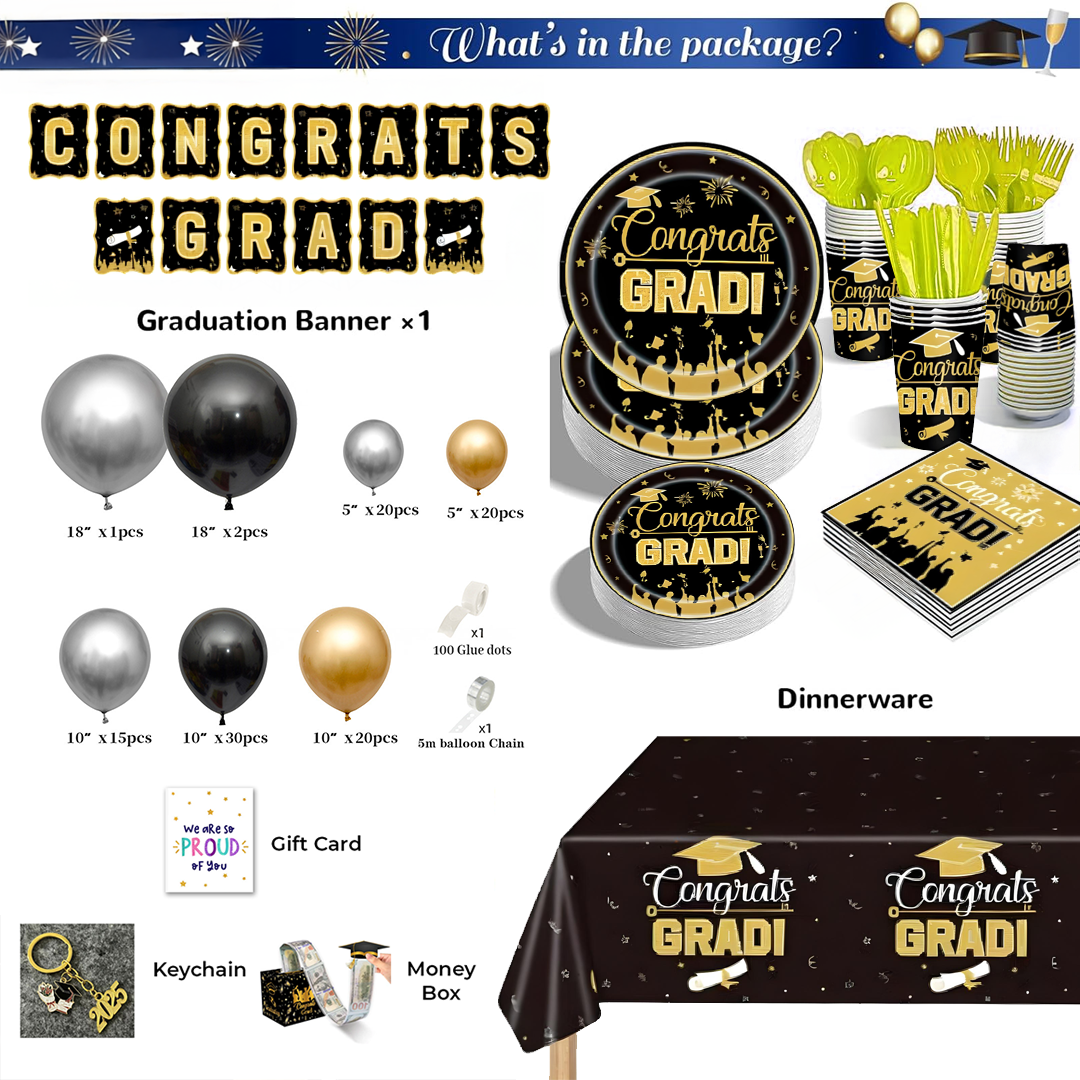 Graduation Party Supply - 110 Balloons + Paper Plates and Napkins Sets Serve 24 + Surprise Cash Box