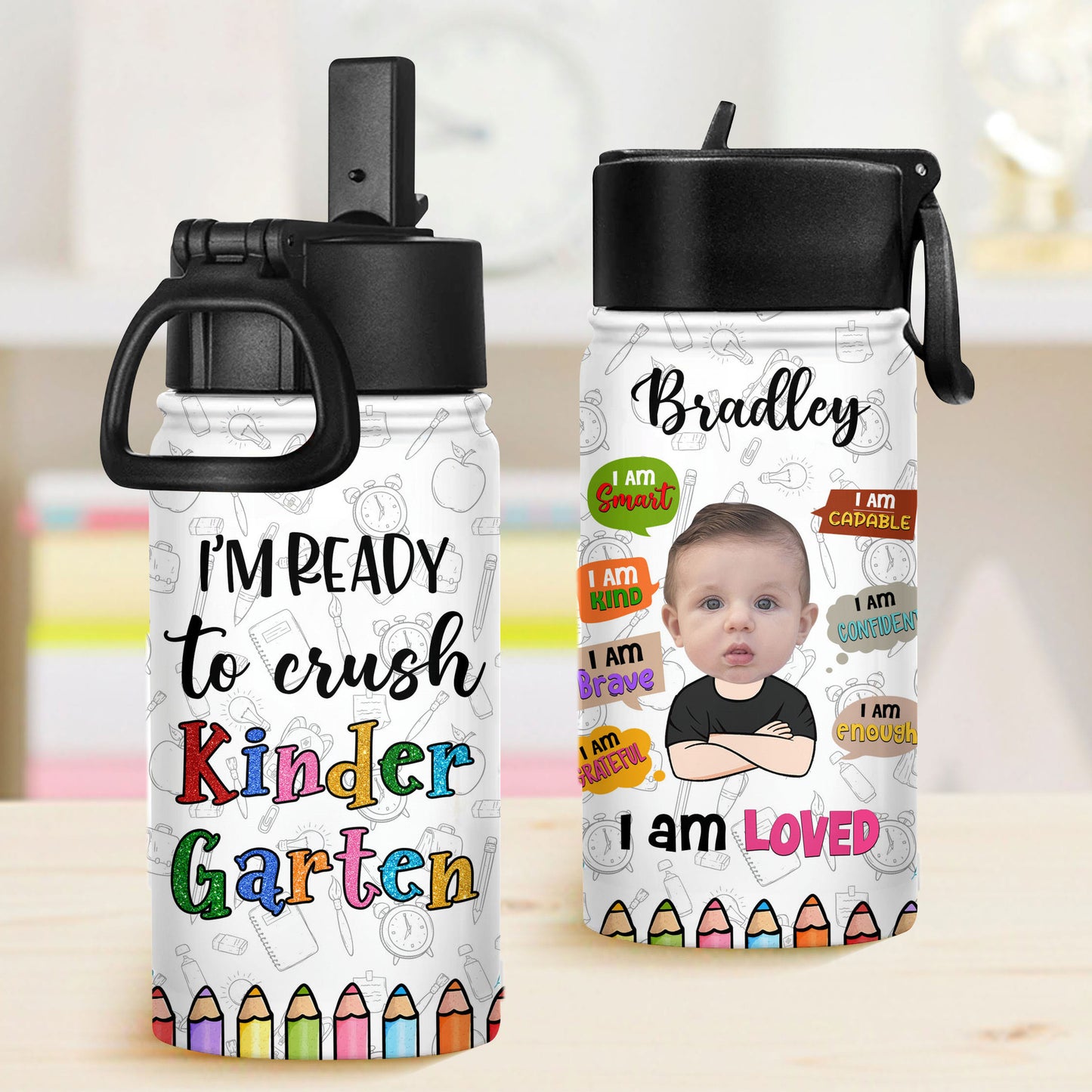 Personalized Water Bottle With Straw Lid - I am Kind Smart Brave Confident Capable Grateful Loved Enough Bottle - Back to School Water Bottle