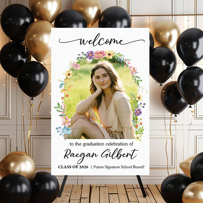Graduation Party Flower Welcome Sign - Custom Photo Grad Party Sign - Personalized Graduation Decoration