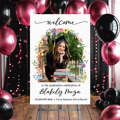 Graduation Party Flower Welcome Sign - Custom Photo Grad Party Sign - Personalized Graduation Decoration