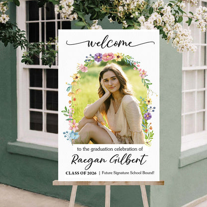 Graduation Party Flower Welcome Sign - Custom Photo Grad Party Sign - Personalized Graduation Decoration