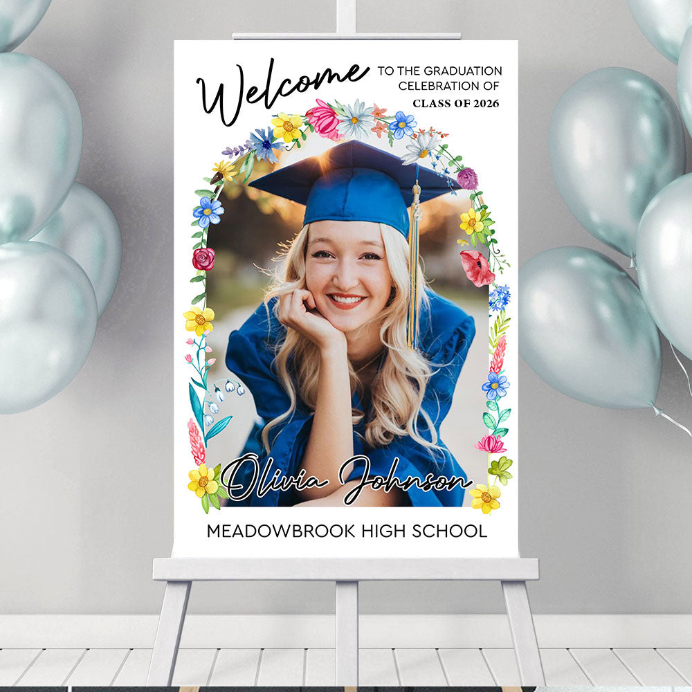 Minimalist Graduation Welcome Sign - Custom Class Of 2026 Graduation Party Welcome Sign - Wildflower Graduation Party Welcome Sign