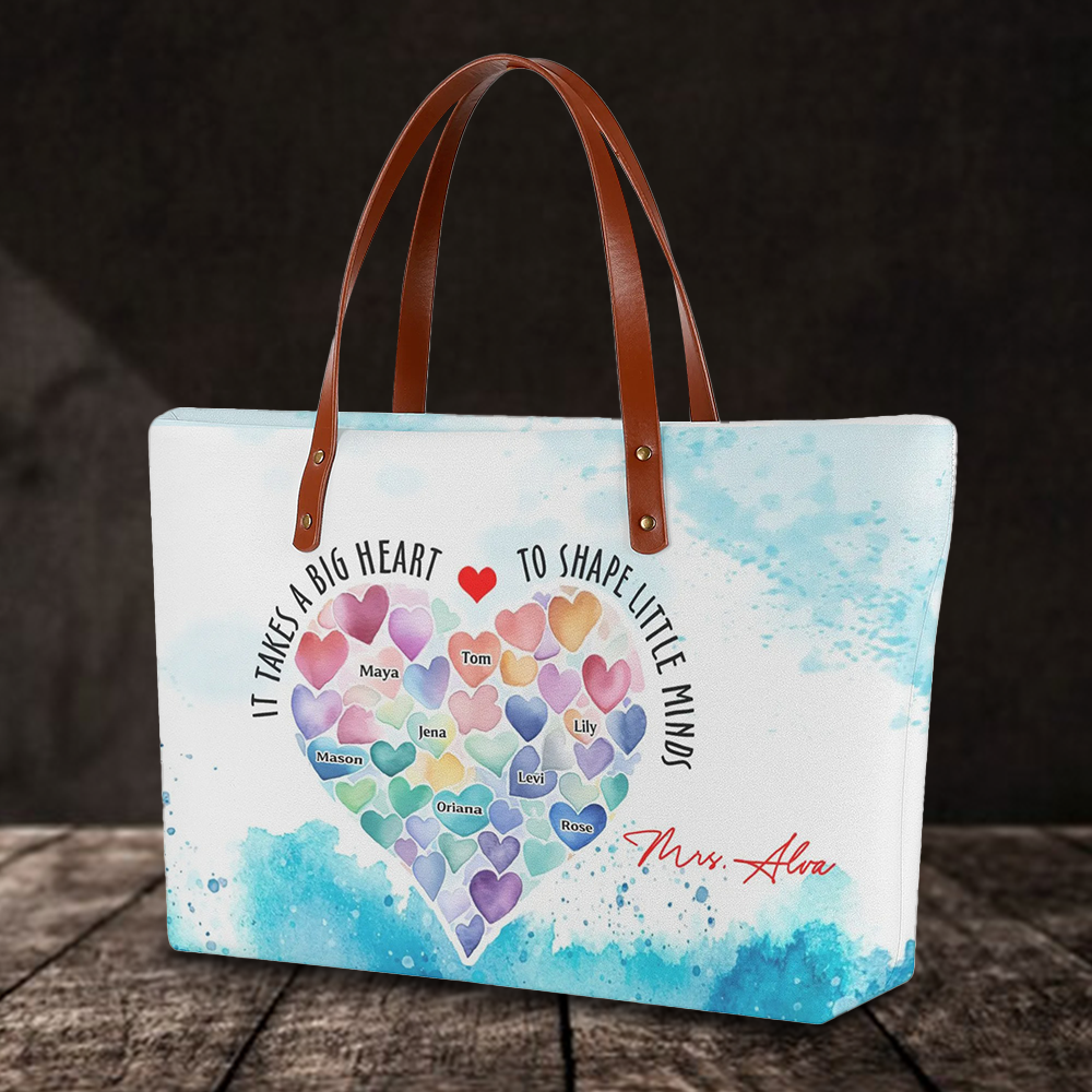 It Takes A Big Heart To Shape Little Minds - All-Over-Print Leather Tote Bag - Personalized Leather Tote Bag for Teacher