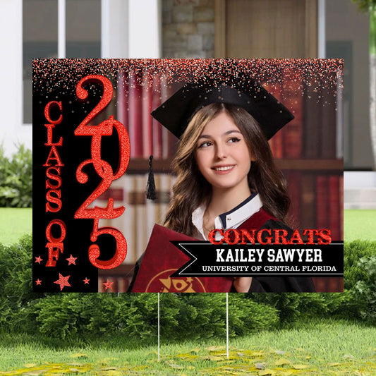 School Name Gold Class Of 2025, Graduation Gift - Personalized Graduation Lawn Sign With Stake