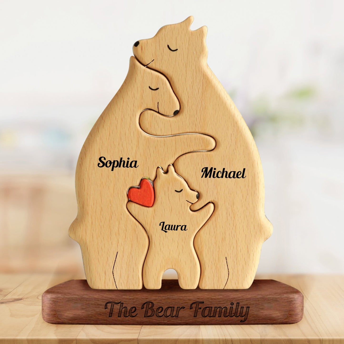 Personalized Wooden Bears Family With Hearts - Puzzle Wooden Bears Family - Wooden Pet Carvings