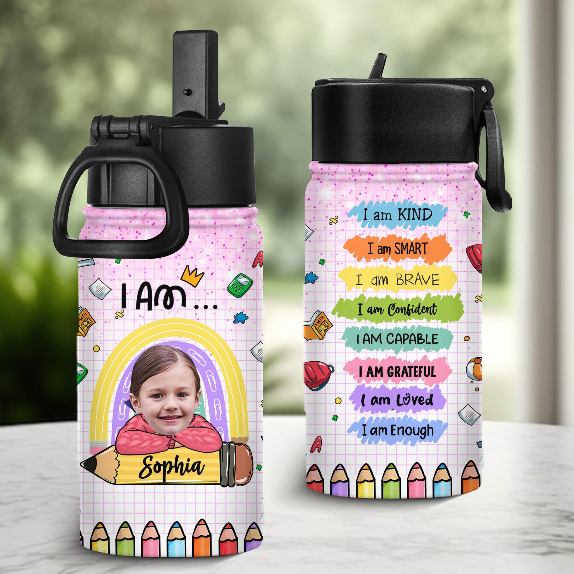 I am Kind Smart Brave Confident Capable Grateful Loved Enough Bottle - Personalized Kids Water Bottle With Straw Lid - Back to School Water Bottle