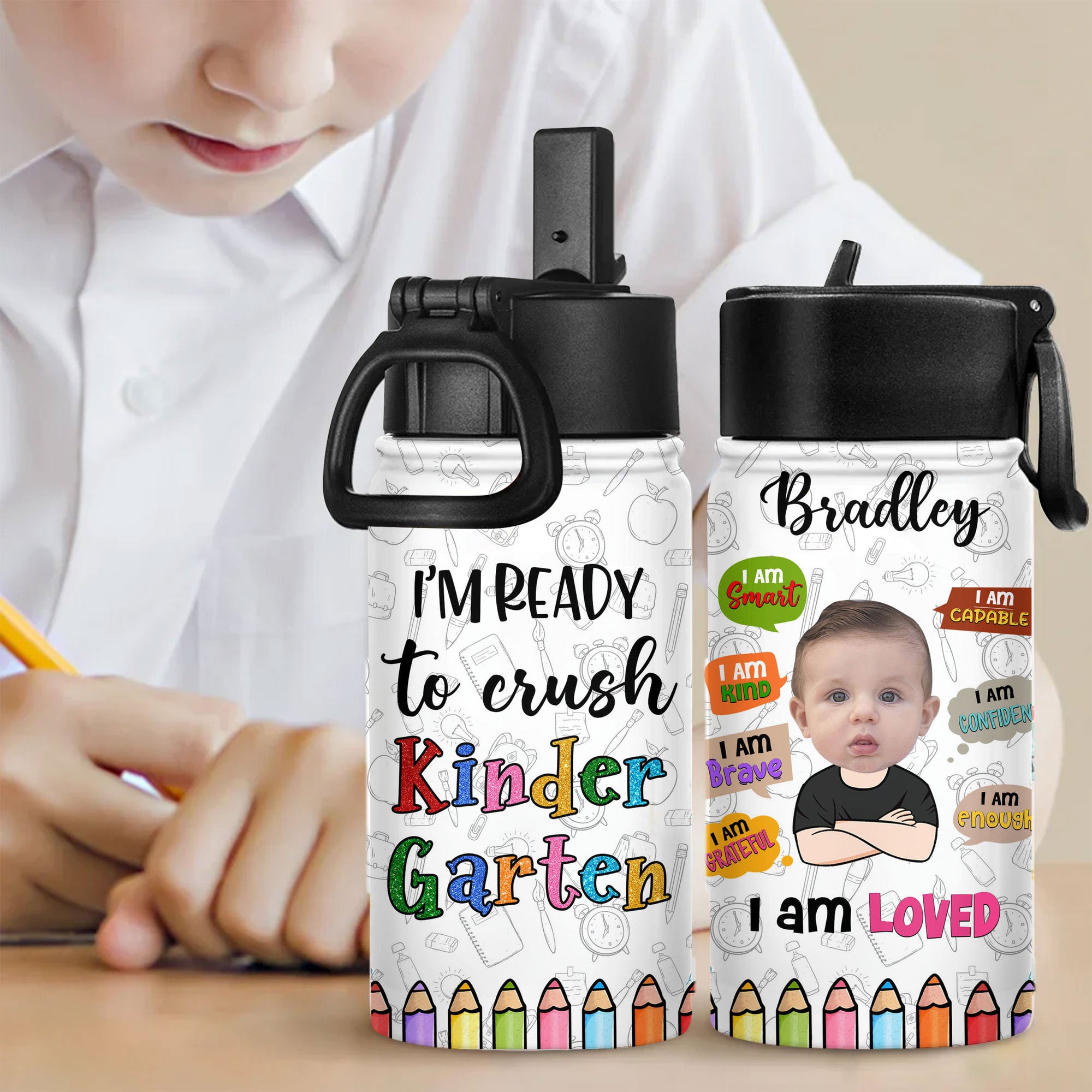 Personalized Water Bottle With Straw Lid - I am Kind Smart Brave Confident Capable Grateful Loved Enough Bottle - Back to School Water Bottle