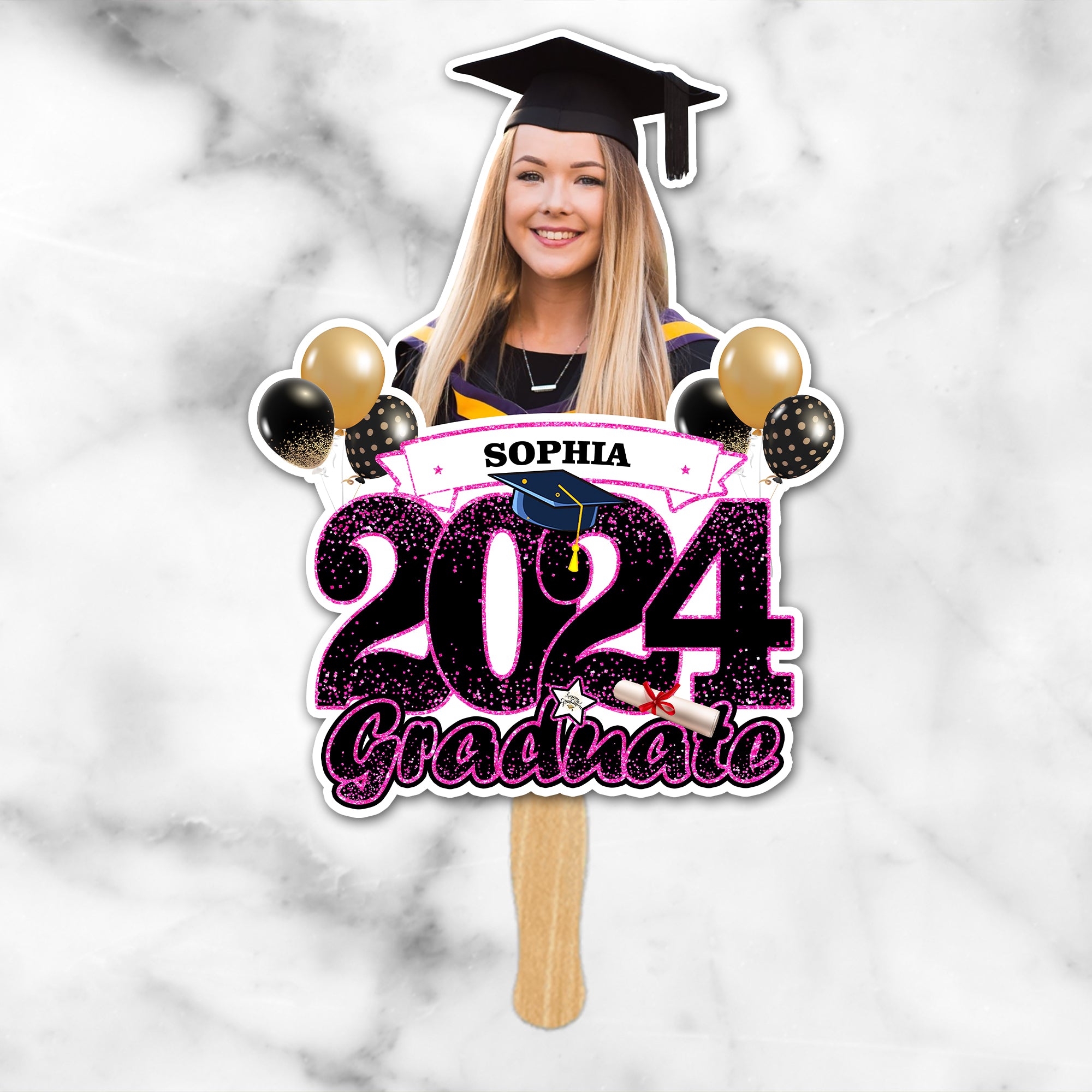 Personalized 2024 Graduate Face Fans With Wooden Handle, Gift For Graduation Party