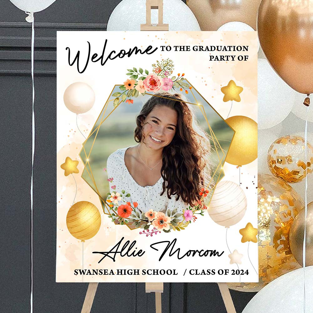 Personalized Photo Graduation Party Welcome Sign - Class of 2024 - Modern Wildflower Graduation Welcome