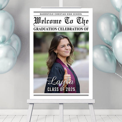 Newspaper Styles Class Of 2025 - Graduation Party Welcome Sign - Custom Photo Grad Party Sign - Personalized Graduation Decoration